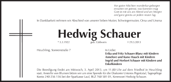 Traueranzeige von Hedwig Schauer von Pegnitz-Zeitung